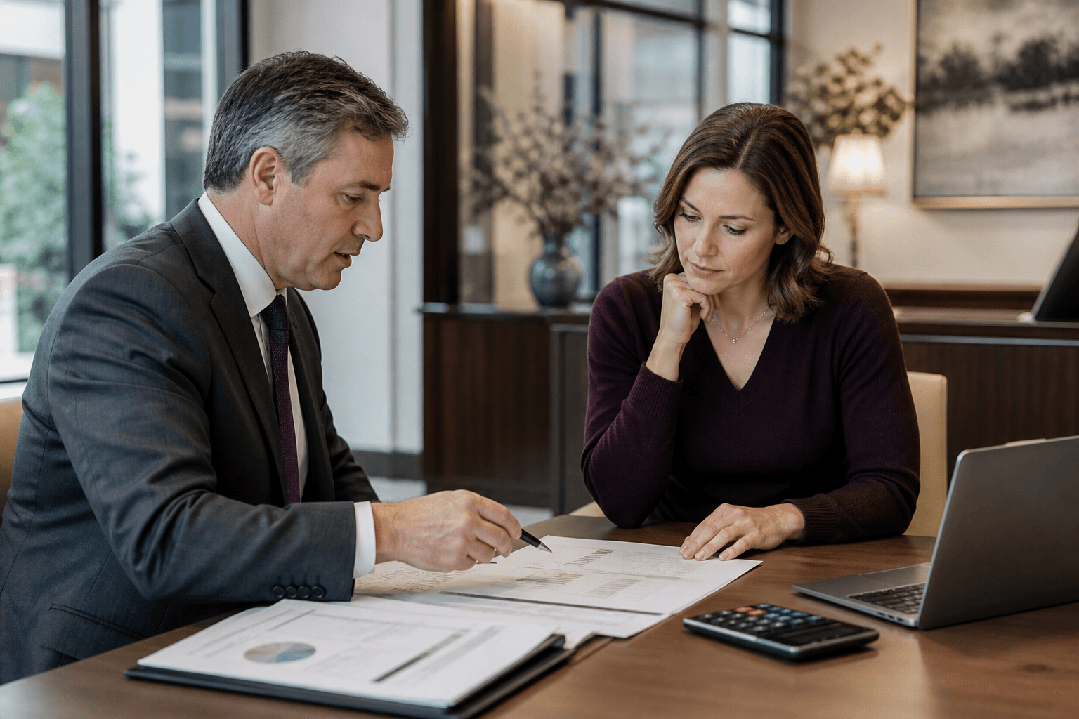 Business buyer reviewing acquisition financing with an advisor
