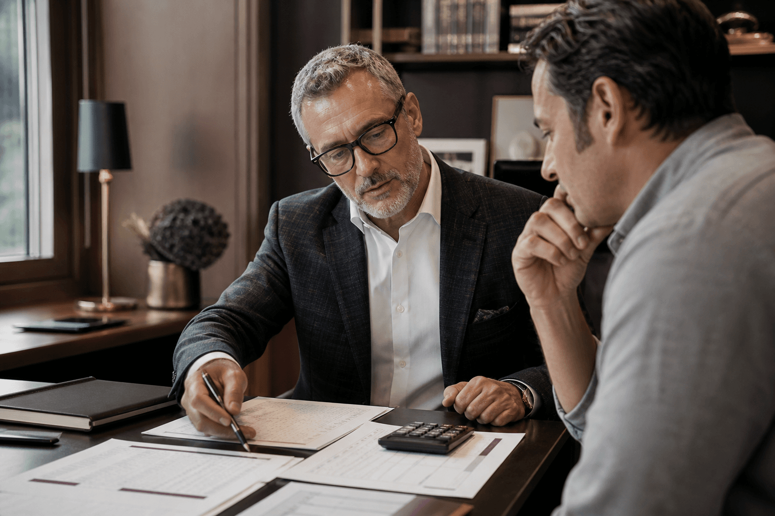 Business advisor and owner reviewing financial records