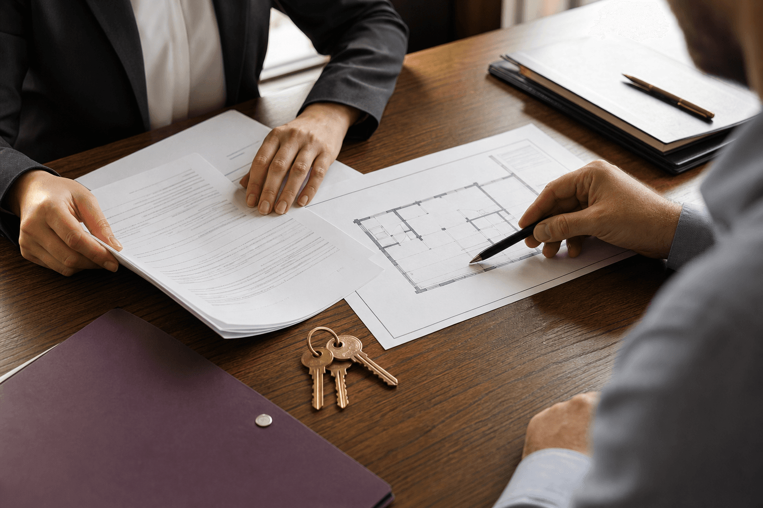Professionals reviewing a commercial lease and retail floor plan