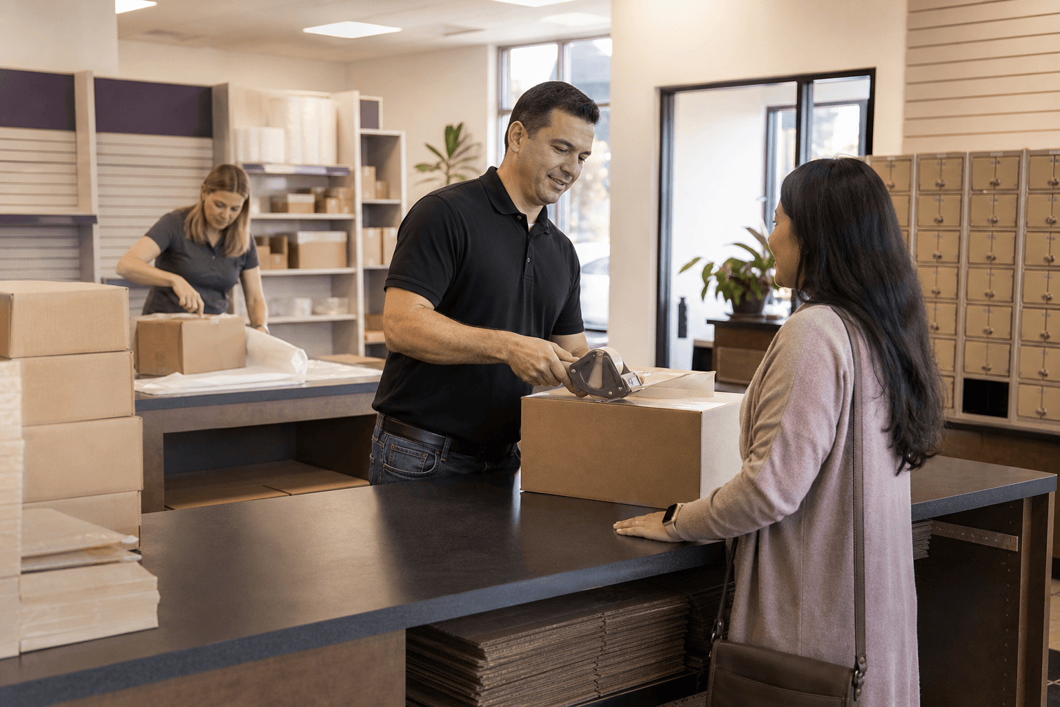 Owner and employee operating a neighborhood pack-and-ship business